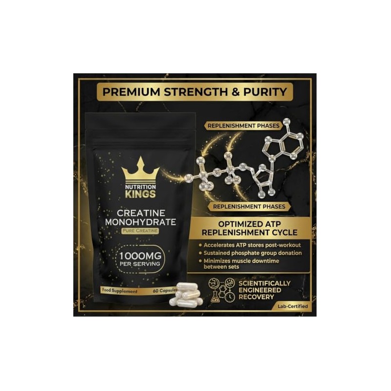 Creatine Monohydrate 1000mg – 60 Vegan Capsules – Muscle Growth,