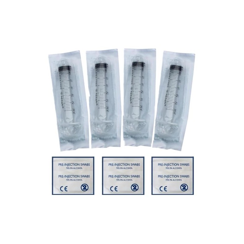 25/100 Pack Leur Lock Syringe 30ml + Free Alcohol Wipes: