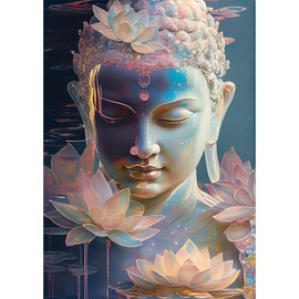 QENSPE 5D Diamond Painting Adult Buddha Statue Diamond Painting Pictures Lotus Flower Diamond Art Full DIY Diamond Art Painting Embroidery Set Cross Stitch Pictures Home Wall Decor 30 x 40 cm Silver