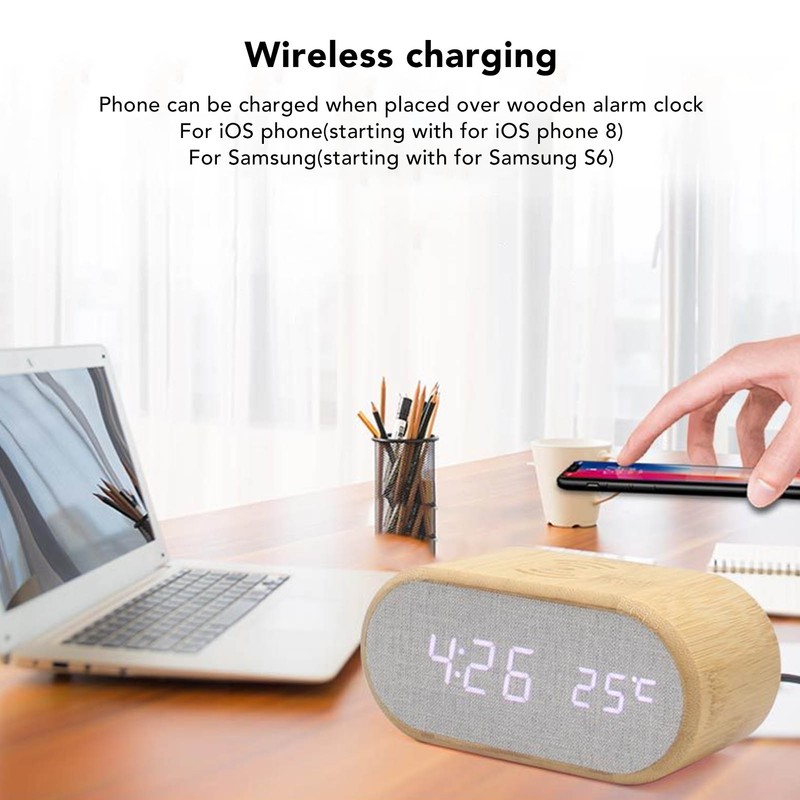 Wooden Alarm Clock USB Wireless Charging Wood LED Digital Display
