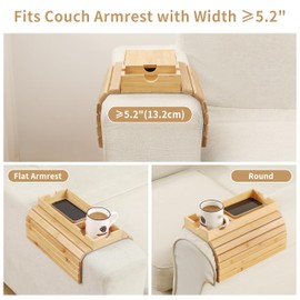 ROCDEER Sofa Arm Tray, Bamboo Large Couch Cup Holder Tray with Hidden Storage, Sofa Armrest Tray Portable Anti-Spill Beverage Snack Remote Holder