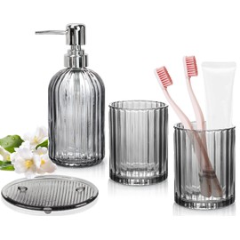 4-Piece Grey Stripe Glass Bathroom Accessories Set,Lotion Soap Dispenser, Toothbrush Holder, Mouthwash Cup & Soap Dish, Modern Bathroom Countertop Organizer for Sink Decor
