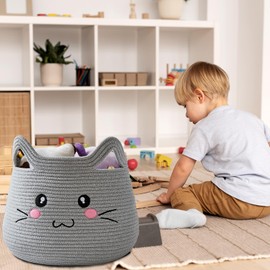 OMERAI Animal Baskets Cotton Rope Storage Basket Woven Toy Basket Large Basket for Blankets Cute Cat Basket with Handles Animal Laundry Basket Nursery Basket Organizer, 15"D x 12.6"H, Open Eyes