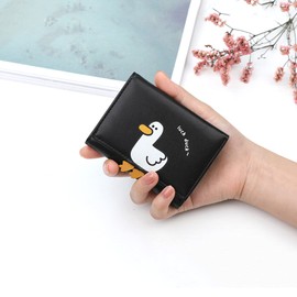 Favydov Cute Copmact Small Wallet for Women Girls Trifold Card Holder Mini Purse ID Window Cash Pocket Duck Print Black