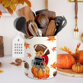 pinata Fall Football Kitchen Decor Ceramic Utensil Holder, Farmhouse Fall Football Pumpkin Utensils Holder, Ceramic Utensils Crock for Rustic Indoor Kitchen Decorations(6.3 Inches)