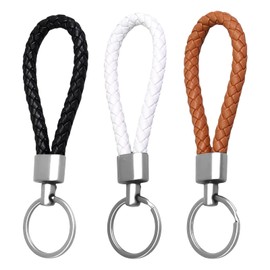 Biglumin Key Chain Set of 3 Braided Faux Leather Keychains, Key Rings, Short Lanyard Key Chain for Motorcycle Car (Black+White+Coffee), black