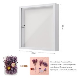 3D Shadow Box Frame with Purple Dried Flower Set, 3D Deep Wooden Frame, Deep Picture Frame Display Box for Photos Artworks Flowers Crafts Medal (White, 22x22x3 cm)