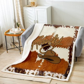 Castle Fairy Western Cowboy Bed Throws,Cowhide Print Skin Fur Patchwork Throw Blanket for Kids Boys Gift, Hat Boots Rustic Farmhouse Lightweight Sherpa Blanket for Sofa, Baby Size (30 x 40 Inch)