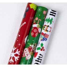 Present Wrapping Paper - 3 Large Roll - 27 Inch X 6.5 Feet each roll Design for Holiday, Party, Celebration (Christmas White/Red/Green（006）)