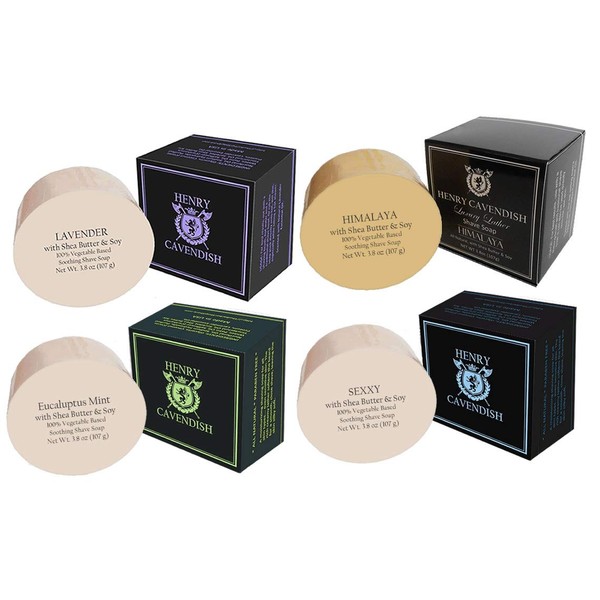 Henry Cavendish 4 Pack Shaving Soap with Shea Butter & Coconut Oil, 4 Long Lasting 3.8 oz Puck Refills. One of each Himalaya, Lavender, Eucalyptus/Mint and Sexxy Frangrances.
