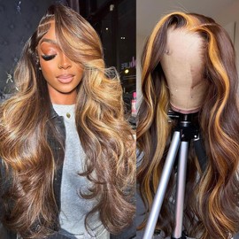 13x4 Body Wave Lace Front Wigs Human Hair Ombre Highlight Lace Front Wig Human Hair for Women 4/27 Highlight Wig Human Hair Body Wave Human Hair Wig Glueless 180 Density 20 Inch