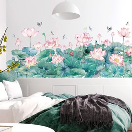 Watercolor Pink Lotus Wall Decals Chinese Style Water Lilies Wall Stickers Vinyl Removable Birds and Dragonflies Art Murals for Living Room Bedroom Office Girls Room Playroom Bathroom Wall Decoration