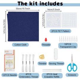 WEBEEDY Sashiko Pillowcase Template Kit DIY Sashiko Pattern Pillowcase Embroidery Set with Template,Japanese Embroidery Kit with Instruction for Beginners Sofa Pillow Cover Needlework Gift,15.7x15.7