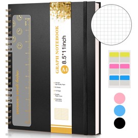 Graph Paper Notebook, Spiral Notebook Journal 8.5” x 11”, A4 Large Grid Notebooks for Women Men, 100 GSM Graph Paper, Plastic Hardcover Spiral Graphing Journals for Work School Engineerin, Black