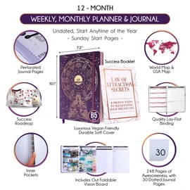Law of Attraction Planner – Undated Hourly, Weekly & Monthly Goal Setting Planner, 12-Month to Increase Productivity | Life & Gratitude Journal, Include Foldable Vision Board, Gift Box & Stickers