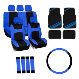 FH Group Car Seat Covers Light Breezy Cloth Blue Car Seat Cover Combo Set with Luxe Carpet Floor Mats Steering Wheel Cover and More Interior Accessories Universal Fit for Cars Trucks and SUVs