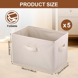 Hejo 5 Pcs Large Clothes Storage Boxes, 38×25×25cm Foldable Wardrobe Storage Organiser, Fabric Wardrobe Storage Boxes, Closet Organiser, Storage Baskets for Clothes Shirts Pants Underwear Toys(Beige)