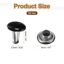 sourcing map 100 Sets Double Cap Leather Rivets, 6x6mm Round Cap Tubular Metal Studs Leather Crafting Rivets for Fabric Belt Pet Collar Boot Bag Repair and Decoration, Black
