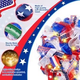 Juinte 17.72 Inch 4th of July Wreath for Front Door with Light Patriotic Mesh Red White and Blue Wreaths Memorial Day American Flag Star Front Door Decorations for Independence Day Home Indoor Outdoor