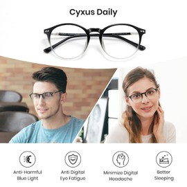 Cyxus Glasses Without Prescription Women Men with Blue Light Filter TR90 Super Light Round Glasses Computer Gaming Glasses Anti UV 400 Retro Glasses Frame, Black colour gradient