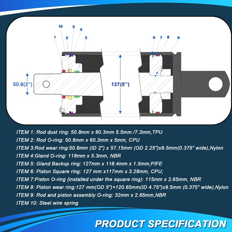 Hydraulic Log Splitter Cylinder Rebuild Seal Kit Suitable for 5.0"