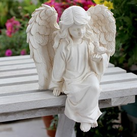 JARPSIRY Angel Garden Statue, Sitting Angel Sculpture, Resin Angel with Bird Figurine for Patio Yard Porch Lawn Outdoor Decor Home Shelf Sitter Memorial Spiritual Gifts