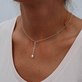 Sttiafay Pearl Y Lariat Necklace Long Pearl Lariat Necklaces Silver Pearl Pendant Necklace Single Pearl Choker Necklace Pearl Y Drop Necklace Chain Jewelry for Women