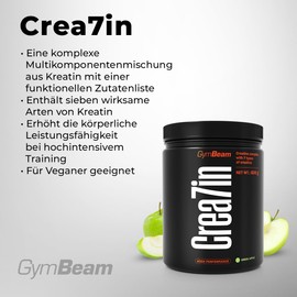 GymBeam Crea7in - Blend of Creatine, Micronised Creatine Monohydrate and Buffered Creatine Monohydrate, Performance Enhancement Complex with Siberian Ginsengm (600g, Green Apple)