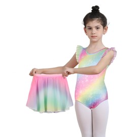 Ballet Leotards for Girls Dance Leotard with Colorful Chiffon Skirt and Ruffle Sleeve Size 10-11 Rainbow and Stars