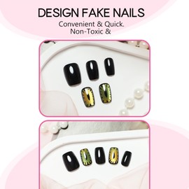 Cat Eye Press on Nails Sparkly Cat Eye False Nails Shine Cat Eye Gel Glue on Short Square Nails Glossy Black Line Acrylic Fake Nails Black Wrap the Edge Stick on Nails for Coquette Women Girls 24 Pcs