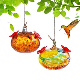 Set 2 Hummingbird Feeders for Outdoors Haning Small Blown Glass Humming Bird Feeder for Window Humming Bird Feeders with 2 Flower Feeding Ports