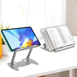 Book Stand for Reading, Adjustable Metal Laptop Stand for Desk Foldable Laptop Riser Holder Desktop Book Stand Multifunctional Display Stand for Recipe, Book, Tablet, Laptop, Notebook (Silver)