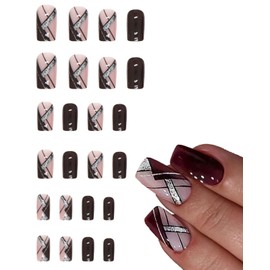 LOZTBUE 1 Set Acrylic Nails Medium False Nails Square False Nails Burgundy Stick On Design Glitter Nail Thread for Women and Girls