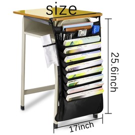 Clzemo 12 Pocket Student Desk Side Hanging Bag, Multi Compartment File Paper Book Sorter Organizer Classroom Supplies, Large Capacity Caddy Storage Pouch Student Desk Accessories for Stationery Books