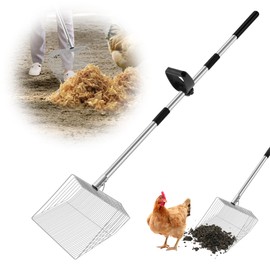 15-inch Large Chicken Poop Scooper with Ergonomic Grip, 4 in 1 Adjustable Chicken Coop Pooper Shovel (24 to 70"), Sifting Litter Shovel for Chicken Coop/Goat Stall/Stable Cleaning