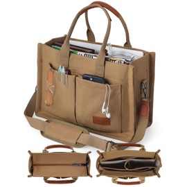 FIORETTO Canvas Tote Bag for Women with Zipper Closure & Individual Compartments for Work College, Crossbody Laptop Tote Purse Handbag with Detachable Strap & Bottom Support for Teacher & Nurse Brown