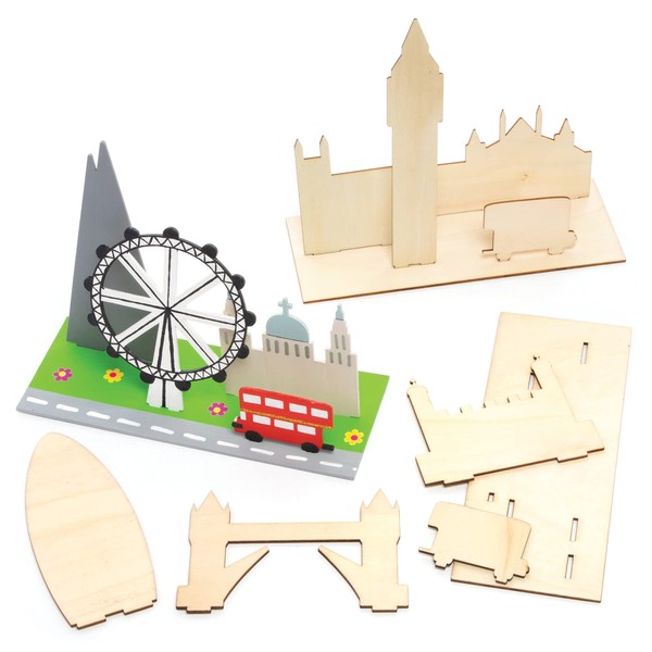 Baker Ross PJ156 London Skyline Wooden Model Kit - Pack of 3, British Souvenir Crafts for Kids