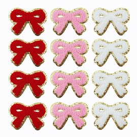 SaktopDeco 12 PCS Bow Patches Red Pink White Bow Iron On Patch Cute Chenille Embroidery Applique for Hats Bags Clothes