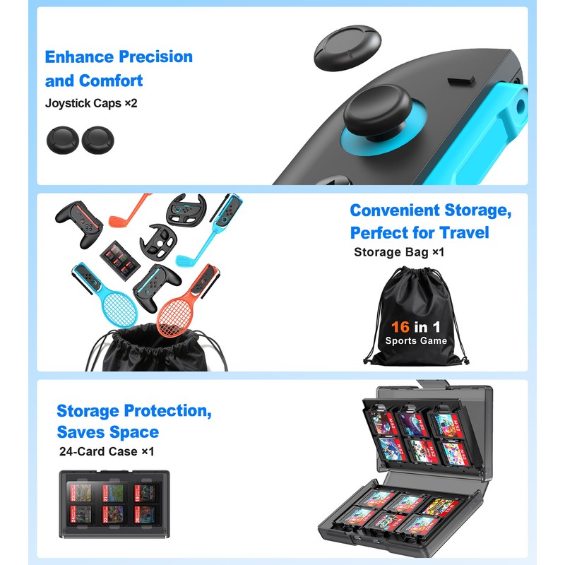 【16 in 1セット】2025年新登場！Switch2 Sports(ニンテンドースイッチスポーツ)アクセサリバンドル 体感ゲーム対応 対戦実装 没入感体験 体感スポーツ対応 Joy-Conグリップ用アクセサリ