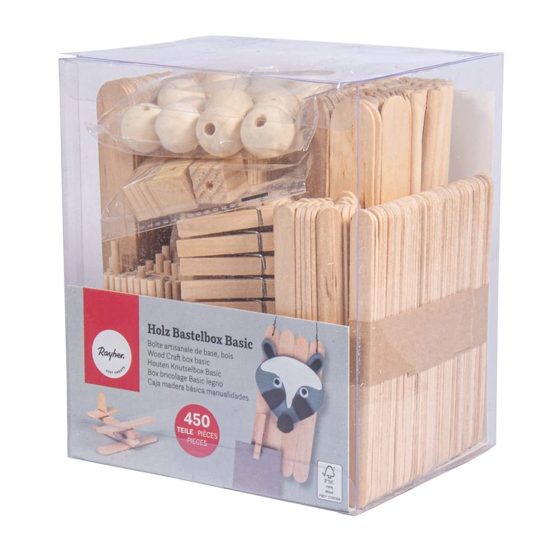 Rayher Craft Box with 450 Wooden Pieces, FSC Certified, Rods,