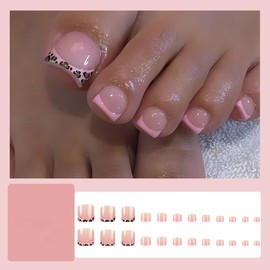 24Pcs Pink Press on Toenails Short, ZIFANHU Fake Toe Nails Press ons Leopard Print French Pink Nail Art Tip Glue on Nails Full Cover Acrylic Summer False Toenails Glossy Stick on Toenails for Women