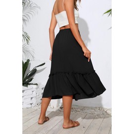 TASAMO Women's Elastic High Waist Flared Skirt with Tiered Hem and Adjustable Drawstring - Lightweight and Breathable for Everyday Wear Black