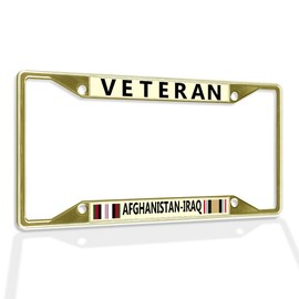 Fastasticdeals Metal Insert License Plate Frame Veteran Afghanistan-Iraq Weatherproof Car Accessories Gold 4 Holes Solid Insert