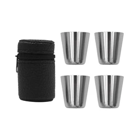 Set of 4 NUZAMAS Stainless Steel Shot Cups 30ml Portable Mini Wine Cups Drinking Vessel with Leather Carrying Case for Hiking Camping Travel Picnic