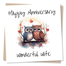 Happy Anniversary Card To Wife From Husband - Beautiful Owl Love Illustration - Made in UK