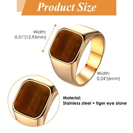 JewelryWe Tiger's Eye Ring, Signet Ring for Men, Stainless Steel Men's Ring, Square Finger Ring with Brown Tiger's Eye Stone, Vintage Statement Ring for Wedding, Birthday, Anniversary, Tiger's Eye