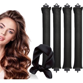 4PCS Heatless Curling Rods, Heatless Blowout Rods with Satin Silk Head Hair Scarf - No Heat Hair Rollers for All Hair Types - DIY Overnight Blowout Rods (Black, One Size)