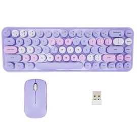 Keyboard Mouse Combo 2.4GHz Wireless Cute Retro 68 Round Keycaps 3 DPI Keyboard and Mouse for Family Office Gaming Purple Theme