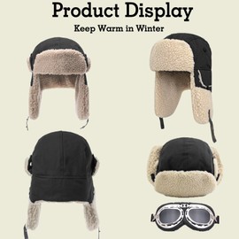 KAZZHA Aviator Hat with Detachable Goggles Vintage Pilot Hat Costume Accessory for Adult Winter Trapper Hat Fur Ear Flaps Black