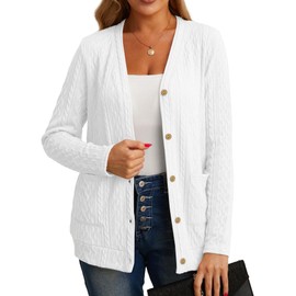 GRECERELLE Womens Cardigan Long Sleeve Lightweight Cardigans Button Down V Neck Ribbed Knit Outerwear Open Front Tops with Pocket for Ladies (White, M)